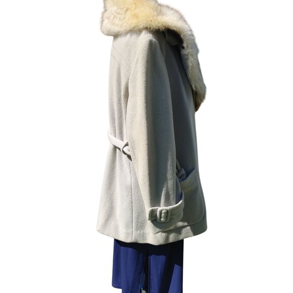 Real Fox Fur Collar Coat Belt Light Gray Wool Satin Lining Project or Parts - Picture 12 of 12